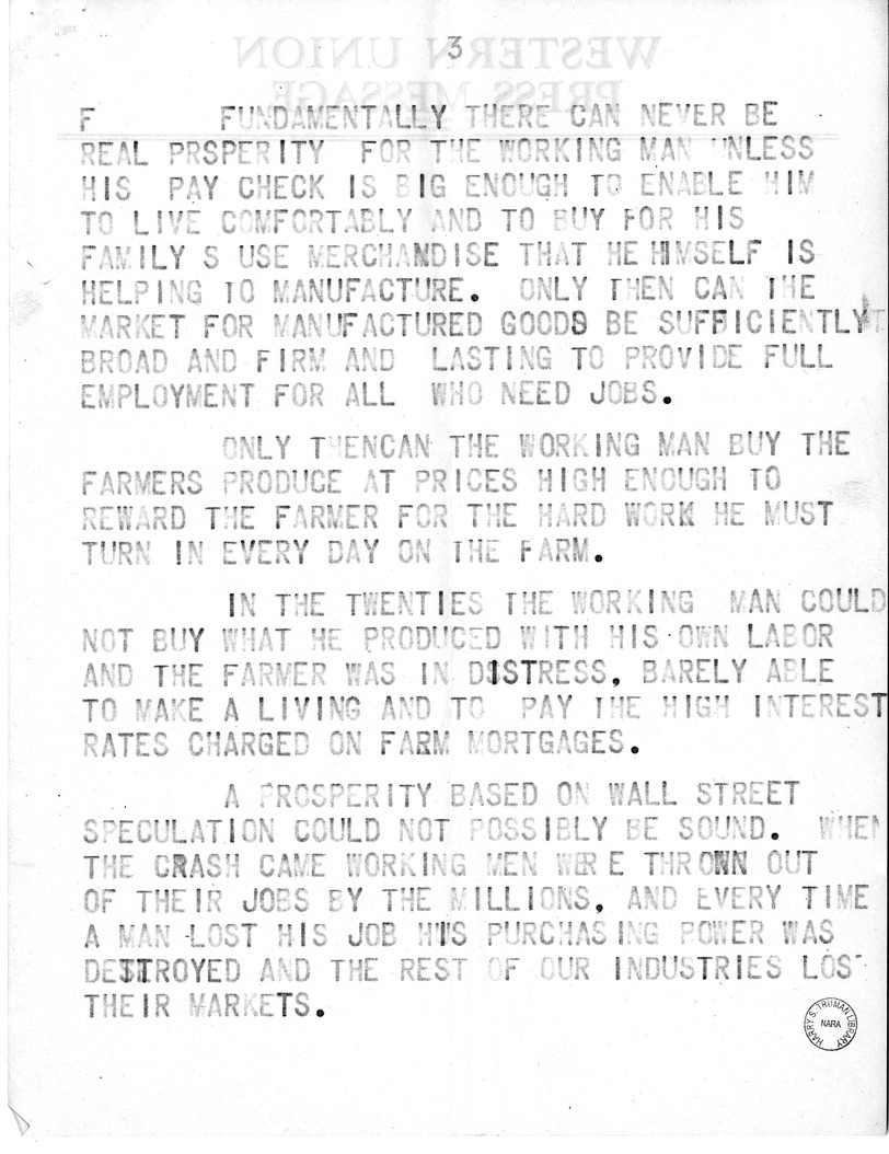 Draft of Speech of Senator Harry S. Truman, Democratic Candidate for Vice President at Pittsburgh, Pennsylvania