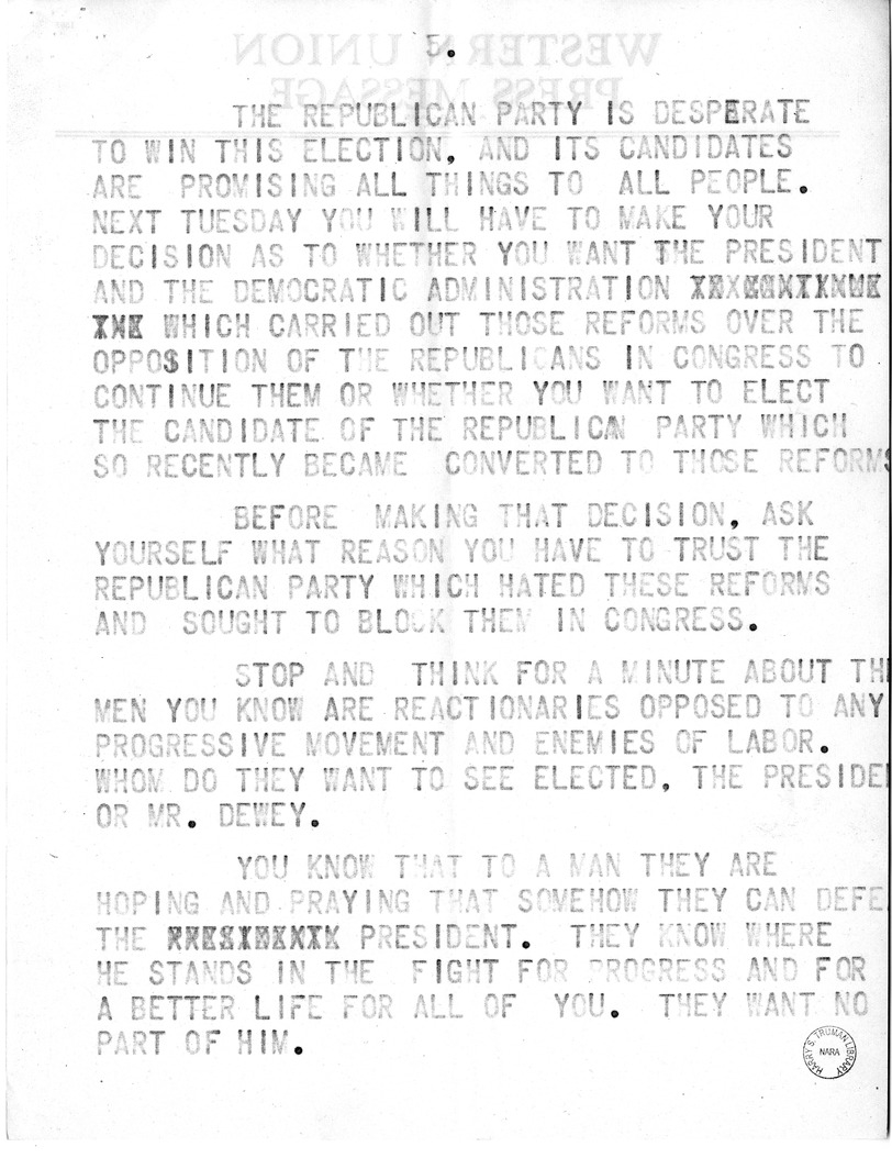 Draft of Speech of Senator Harry S. Truman, Democratic Candidate for Vice President at Pittsburgh, Pennsylvania