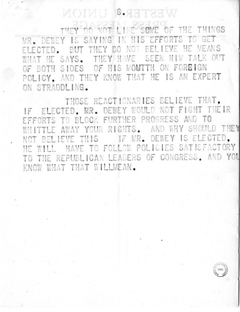 Draft of Speech of Senator Harry S. Truman, Democratic Candidate for Vice President at Pittsburgh, Pennsylvania