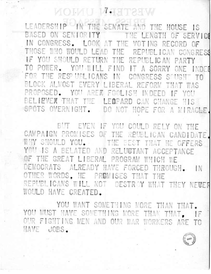Draft of Speech of Senator Harry S. Truman, Democratic Candidate for Vice President at Pittsburgh, Pennsylvania