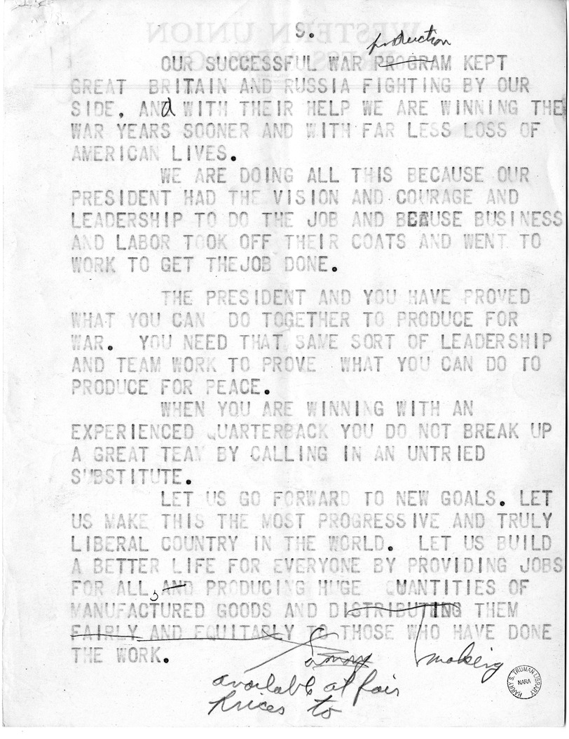 Draft of Speech of Senator Harry S. Truman, Democratic Candidate for Vice President at Pittsburgh, Pennsylvania