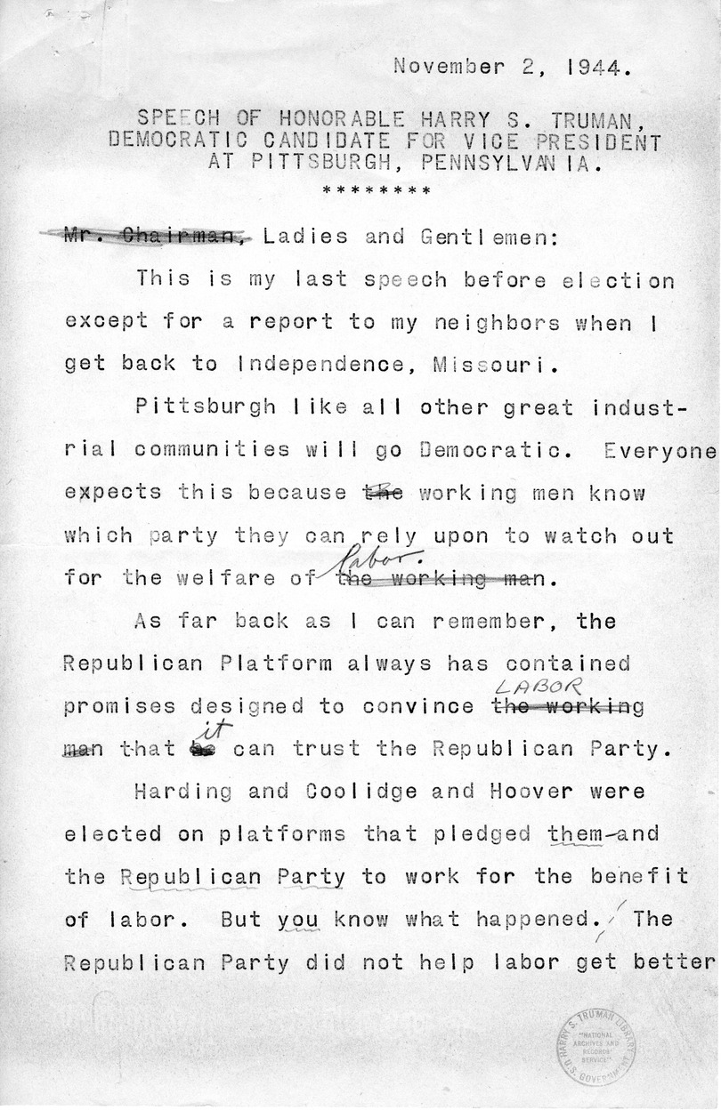 Draft Speech of Senator Harry S. Truman, Democratic Candidate for Vice President at Pittsburgh, Pennsylvania