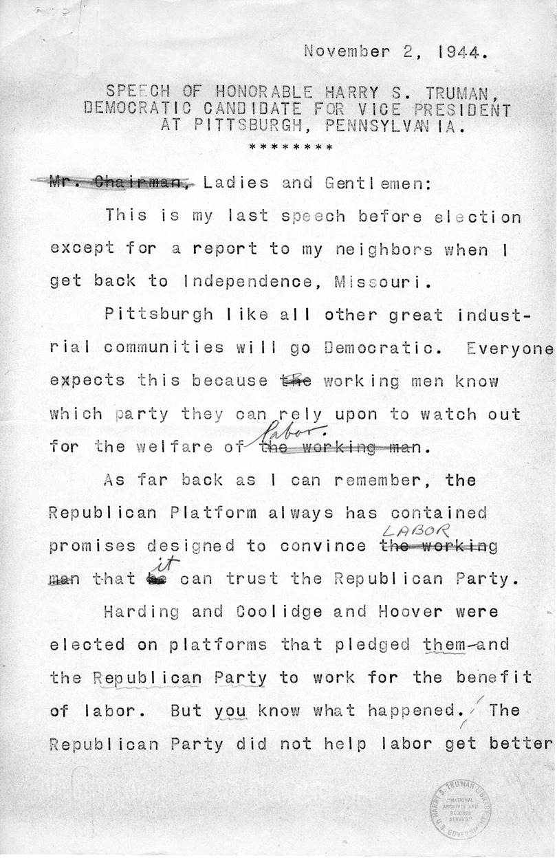 Draft Speech of Senator Harry S. Truman, Democratic Candidate for Vice President at Pittsburgh, Pennsylvania