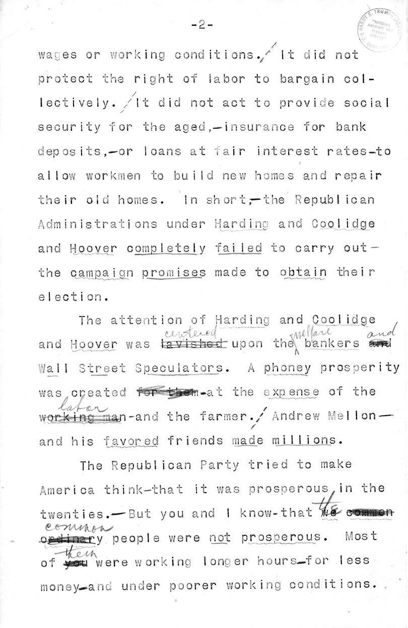 Draft Speech of Senator Harry S. Truman, Democratic Candidate for Vice President at Pittsburgh, Pennsylvania