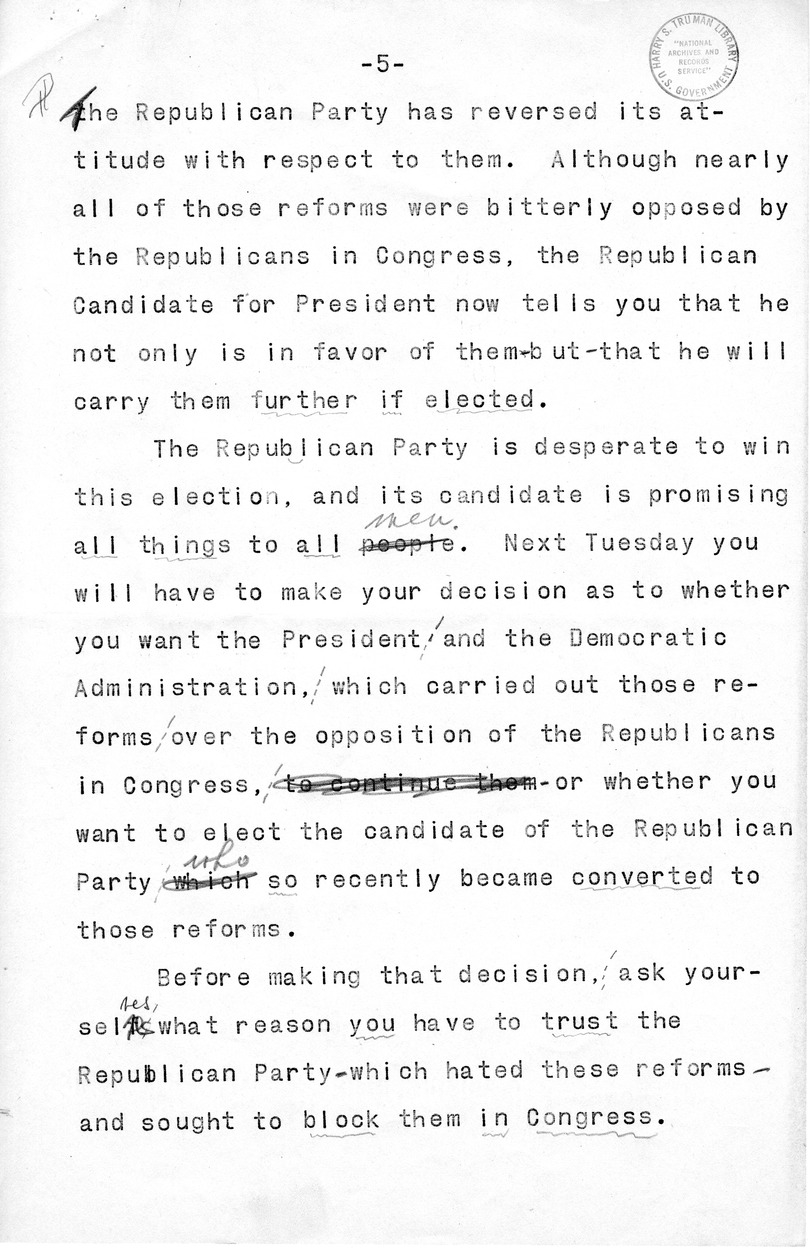 Draft Speech of Senator Harry S. Truman, Democratic Candidate for Vice President at Pittsburgh, Pennsylvania