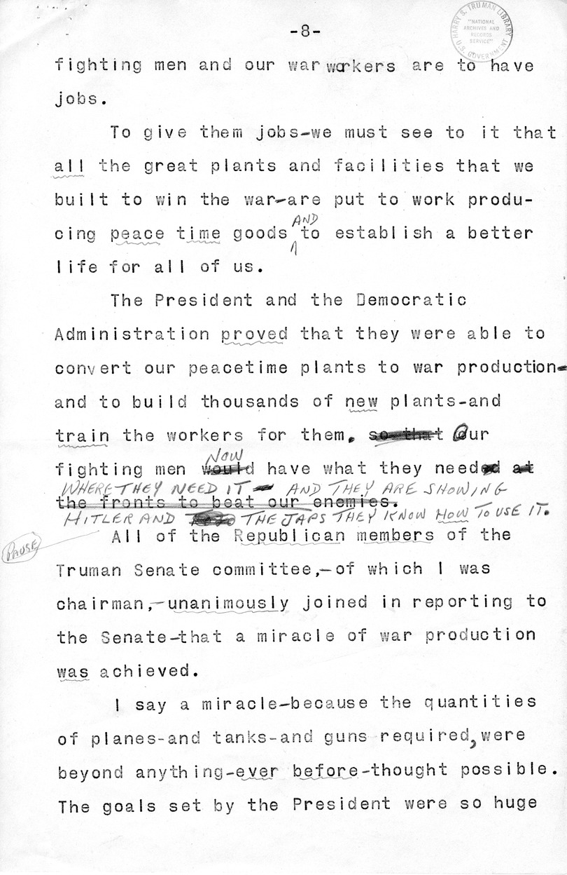 Draft Speech of Senator Harry S. Truman, Democratic Candidate for Vice President at Pittsburgh, Pennsylvania