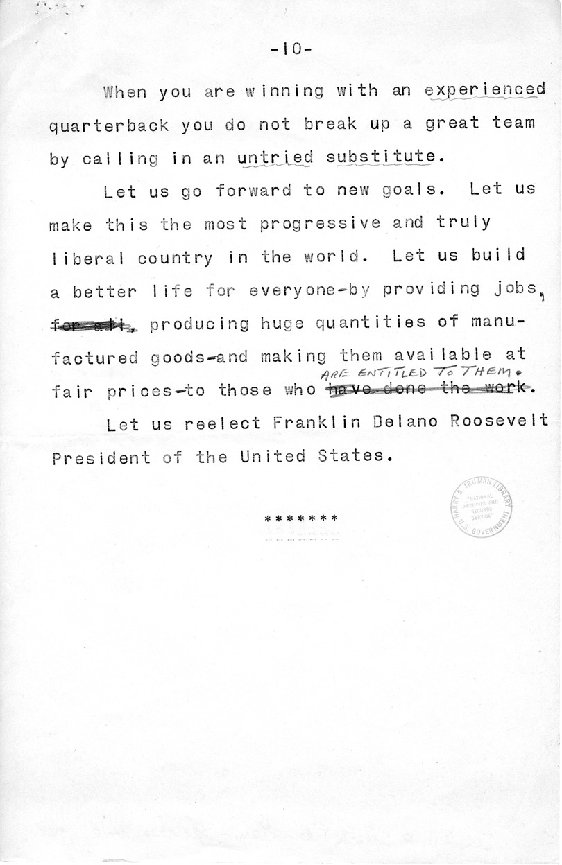 Draft Speech of Senator Harry S. Truman, Democratic Candidate for Vice President at Pittsburgh, Pennsylvania