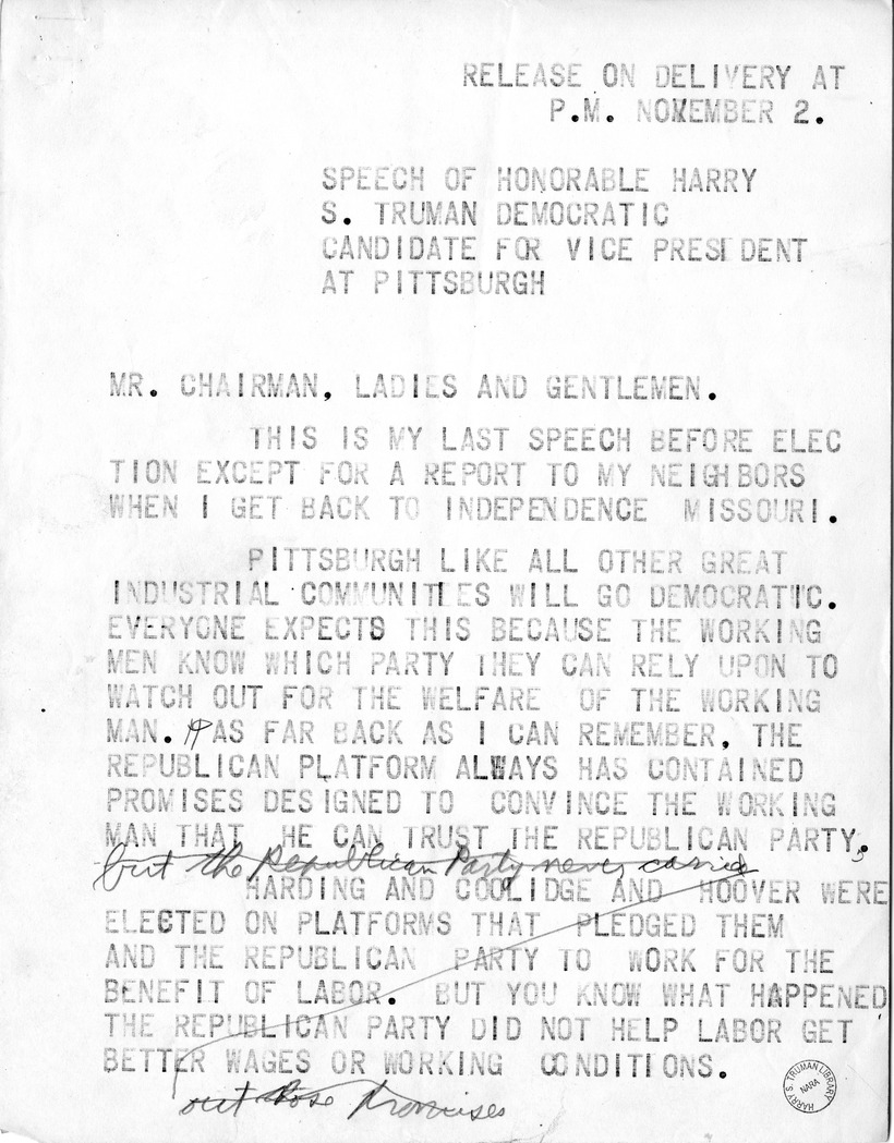 Draft Speech of Senator Harry S. Truman, Democratic Candidate for Vice President at Pittsburgh, Pennsylvania