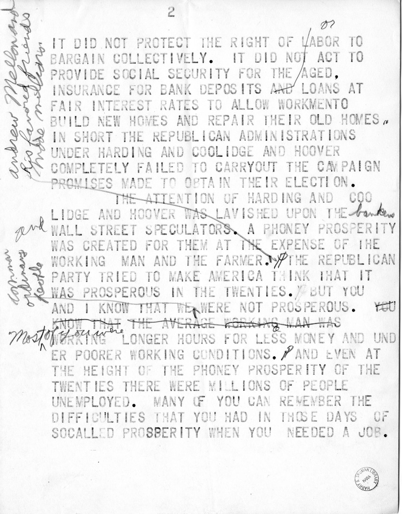 Draft Speech of Senator Harry S. Truman, Democratic Candidate for Vice President at Pittsburgh, Pennsylvania