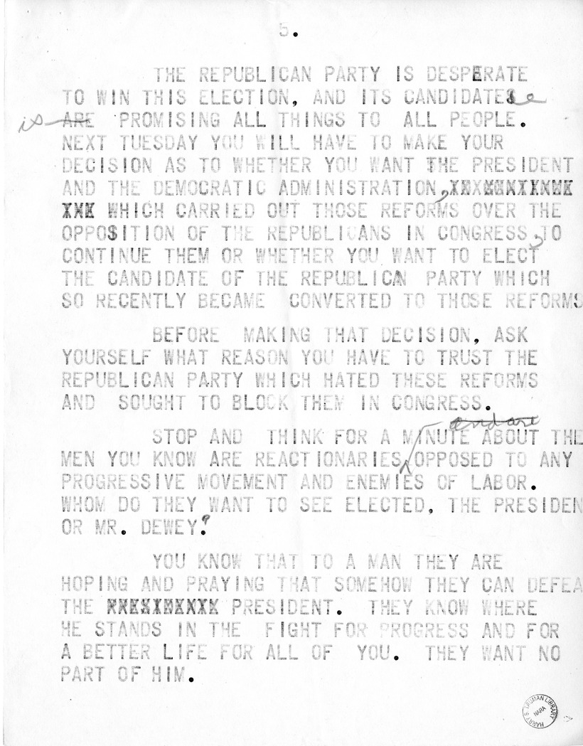 Draft Speech of Senator Harry S. Truman, Democratic Candidate for Vice President at Pittsburgh, Pennsylvania