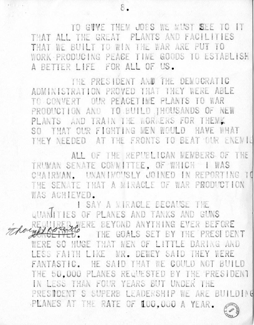 Draft Speech of Senator Harry S. Truman, Democratic Candidate for Vice President at Pittsburgh, Pennsylvania