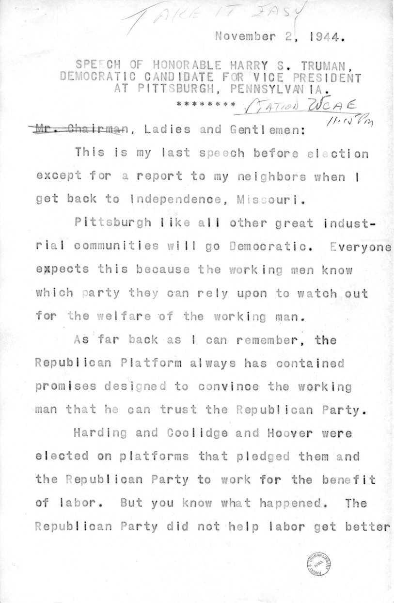 Draft of Radio Speech of Senator Harry S. Truman, Democratic Candidate for Vice President, at Pittsburgh, Pennsylvania