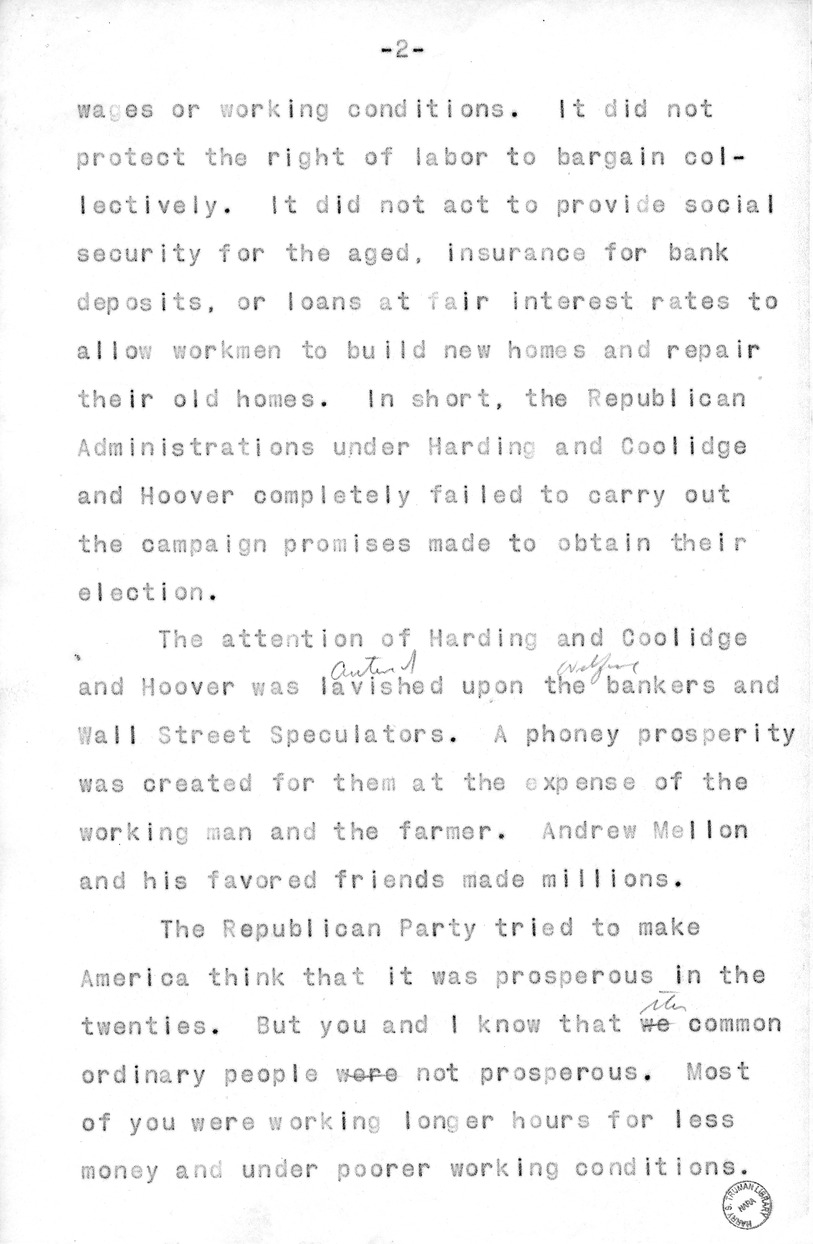 Draft of Radio Speech of Senator Harry S. Truman, Democratic Candidate for Vice President, at Pittsburgh, Pennsylvania