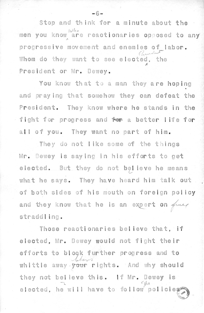 Draft of Radio Speech of Senator Harry S. Truman, Democratic Candidate for Vice President, at Pittsburgh, Pennsylvania