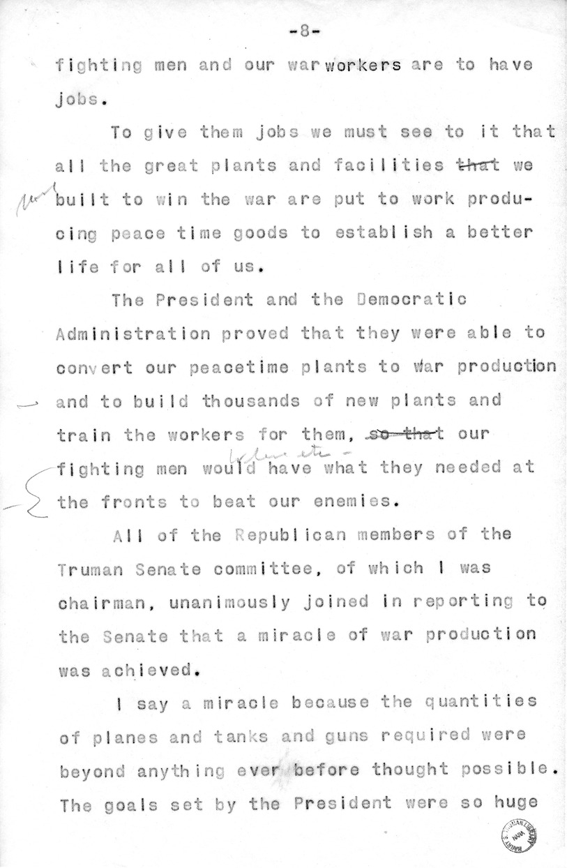 Draft of Radio Speech of Senator Harry S. Truman, Democratic Candidate for Vice President, at Pittsburgh, Pennsylvania