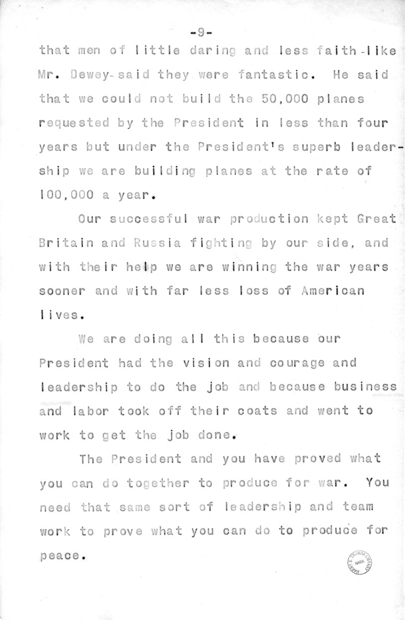 Draft of Radio Speech of Senator Harry S. Truman, Democratic Candidate for Vice President, at Pittsburgh, Pennsylvania