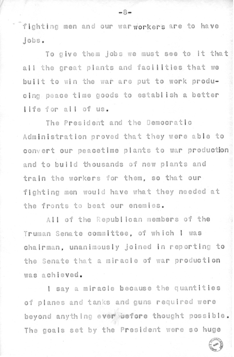 Speech of Senator Harry S. Truman, Democratic Candidate for Vice President, at Pittsburgh, Pennsylvania