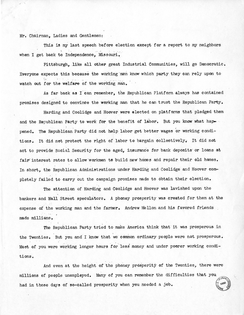 Press Release of Speech of Senator Harry S. Truman, Democratic Candidate for Vice President, at Pittsburgh. Pennsylvania