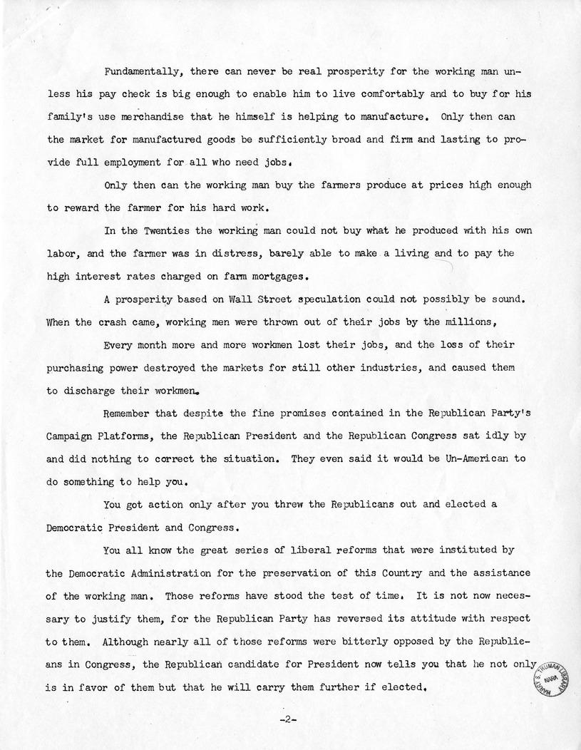 Press Release of Speech of Senator Harry S. Truman, Democratic Candidate for Vice President, at Pittsburgh. Pennsylvania