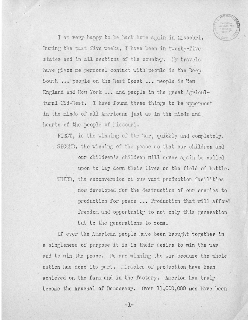 Speech of Senator Harry S. Truman, Democratic Nominee for Vice President at Independence, Missouri