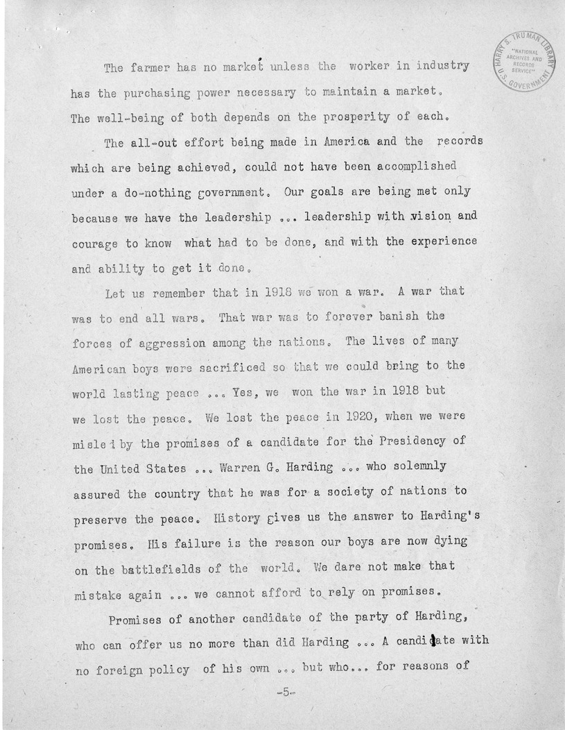 Speech of Senator Harry S. Truman, Democratic Nominee for Vice President at Independence, Missouri