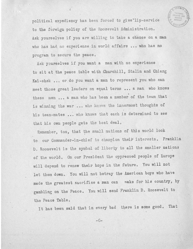 Speech of Senator Harry S. Truman, Democratic Nominee for Vice President at Independence, Missouri