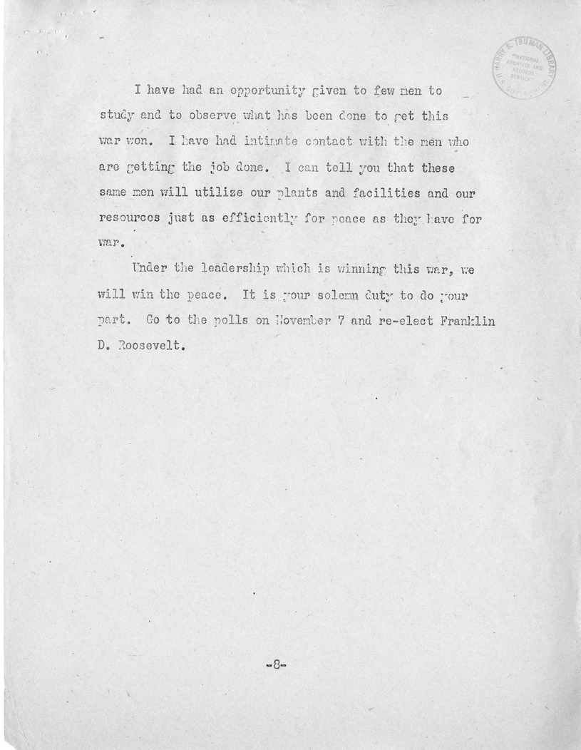 Speech of Senator Harry S. Truman, Democratic Nominee for Vice President at Independence, Missouri