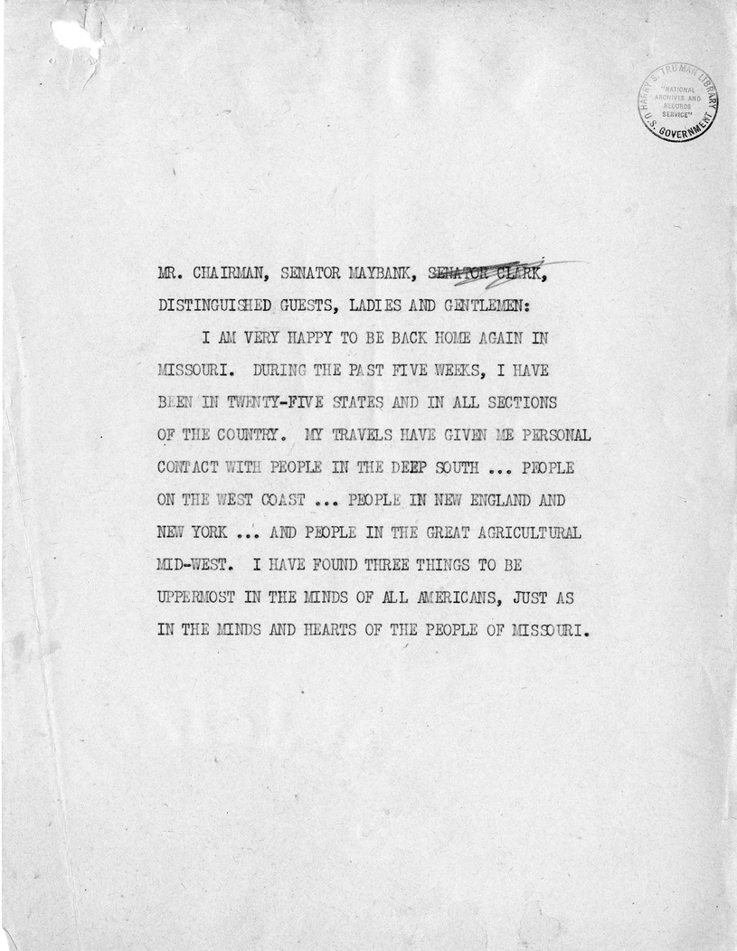 Reading Copy of Speech of Senator Harry S. Truman, Democratic Candidate for Vice President, at Independence, Missouri