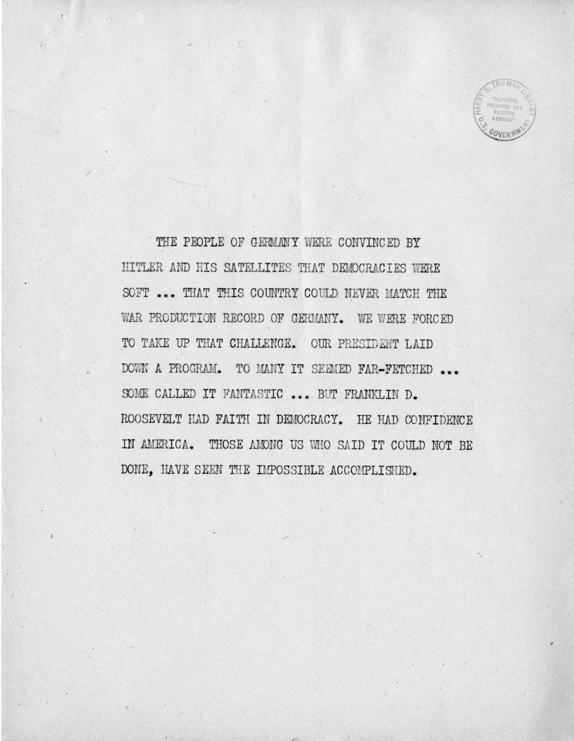 Reading Copy of Speech of Senator Harry S. Truman, Democratic Candidate for Vice President, at Independence, Missouri