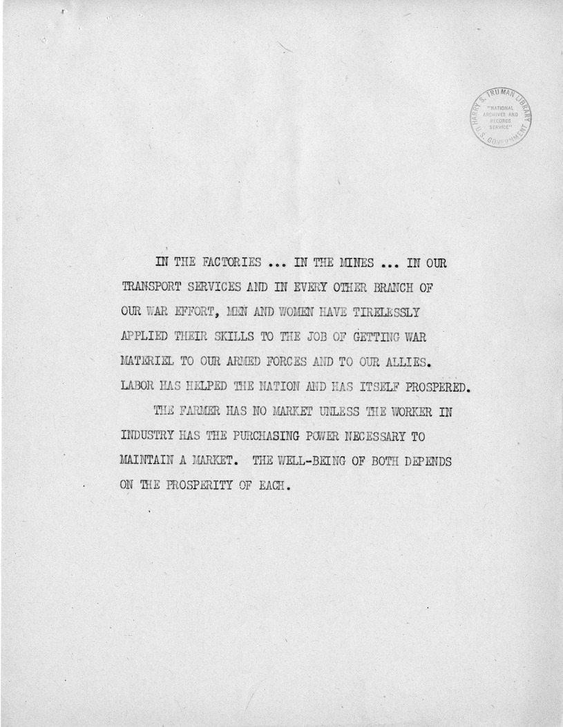 Reading Copy of Speech of Senator Harry S. Truman, Democratic Candidate for Vice President, at Independence, Missouri