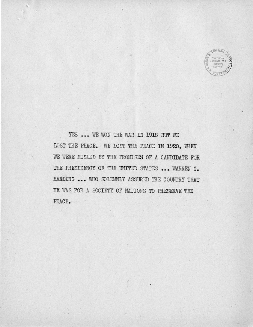 Reading Copy of Speech of Senator Harry S. Truman, Democratic Candidate for Vice President, at Independence, Missouri