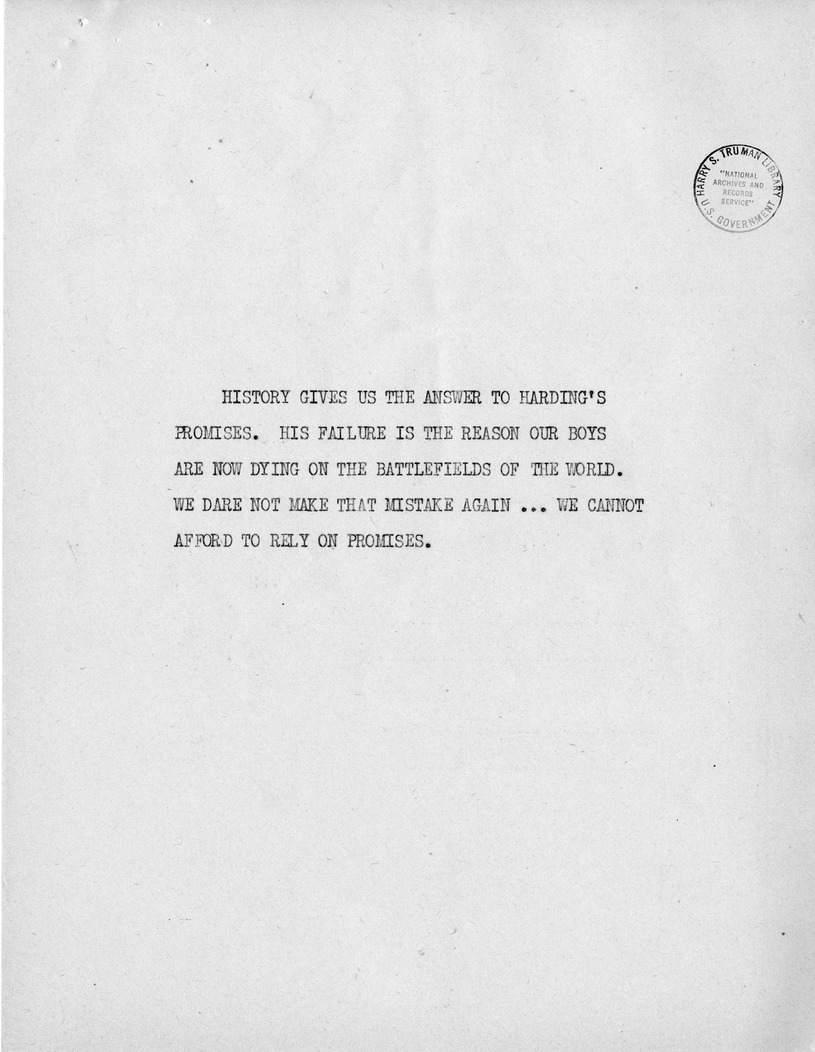 Reading Copy of Speech of Senator Harry S. Truman, Democratic Candidate for Vice President, at Independence, Missouri