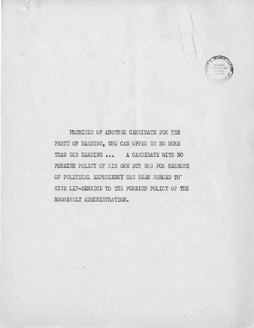 Reading Copy of Speech of Senator Harry S. Truman, Democratic Candidate for Vice President, at Independence, Missouri