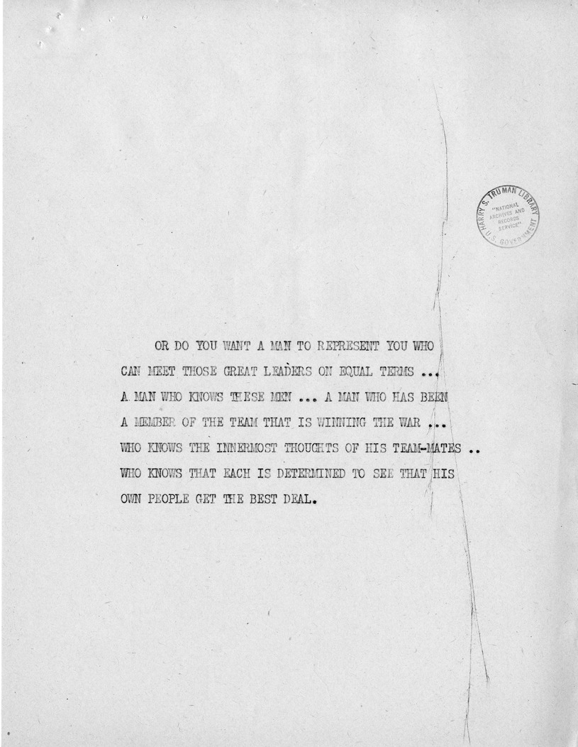 Reading Copy of Speech of Senator Harry S. Truman, Democratic Candidate for Vice President, at Independence, Missouri