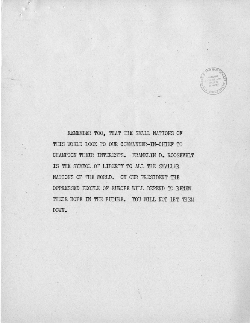Reading Copy of Speech of Senator Harry S. Truman, Democratic Candidate for Vice President, at Independence, Missouri