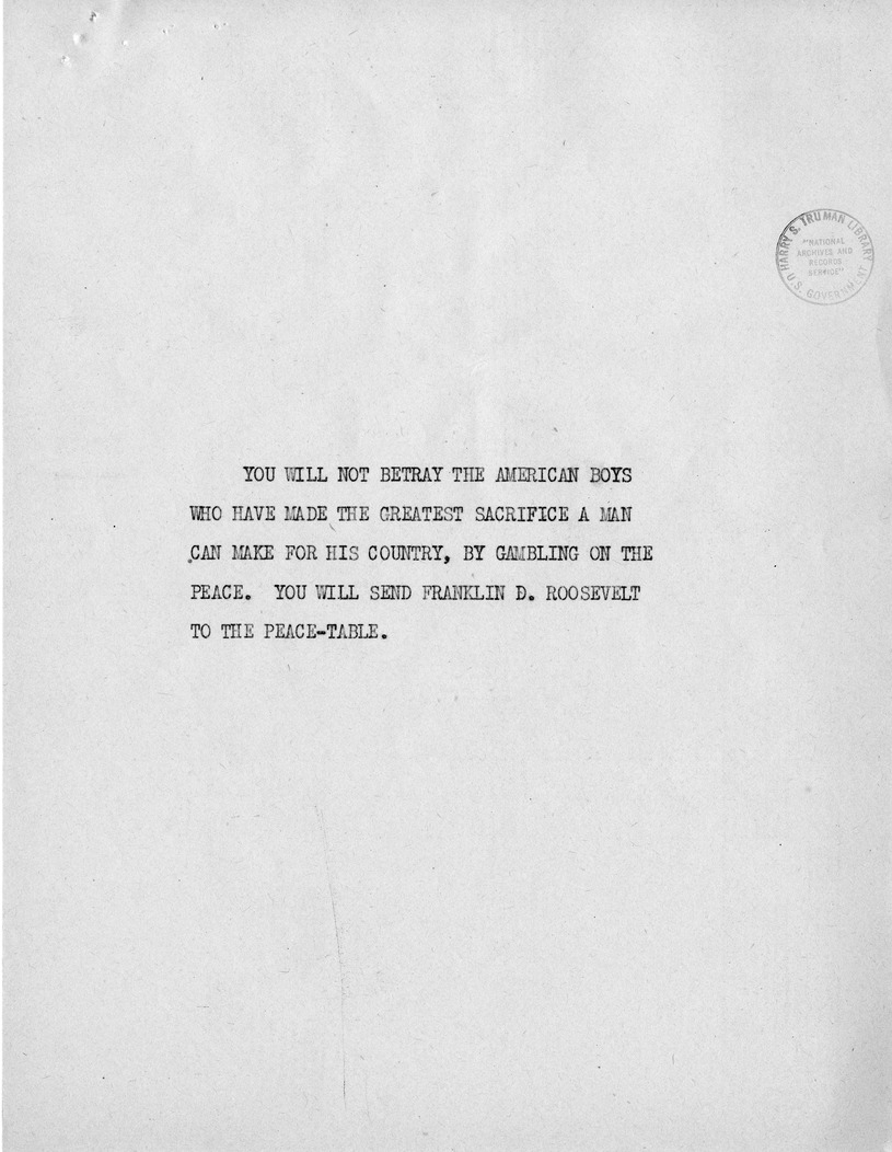 Reading Copy of Speech of Senator Harry S. Truman, Democratic Candidate for Vice President, at Independence, Missouri