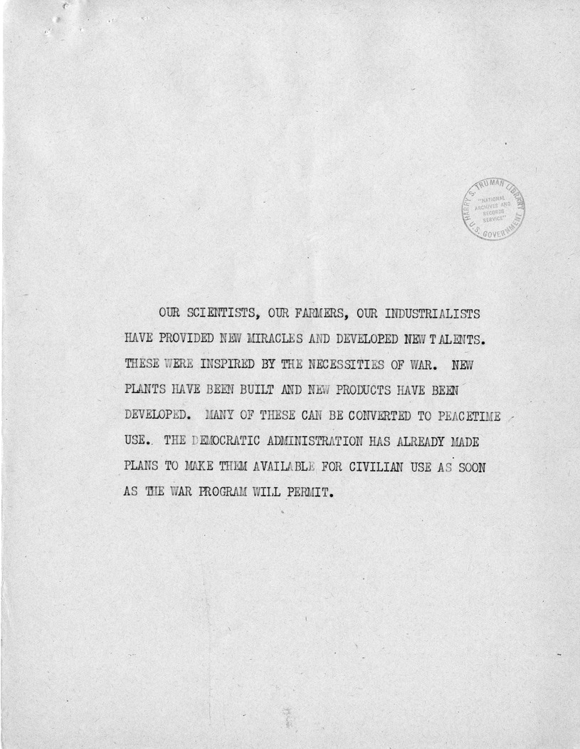 Reading Copy of Speech of Senator Harry S. Truman, Democratic Candidate for Vice President, at Independence, Missouri