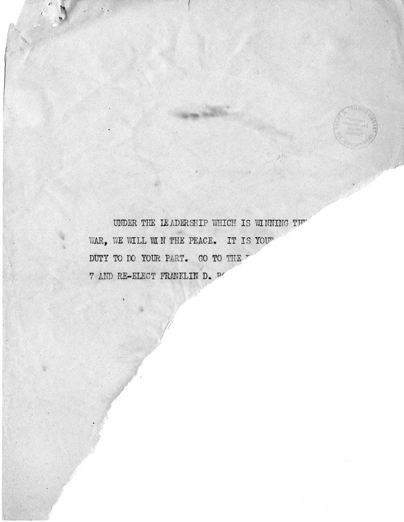 Reading Copy of Speech of Senator Harry S. Truman, Democratic Candidate for Vice President, at Independence, Missouri