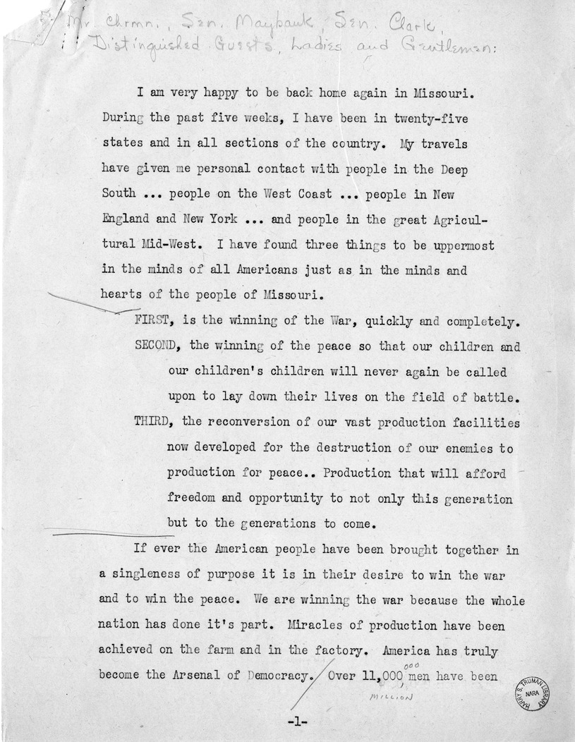 Speech of Senator Harry S. Truman, Democratic Candidate for Vice President, at Independence, Missouri