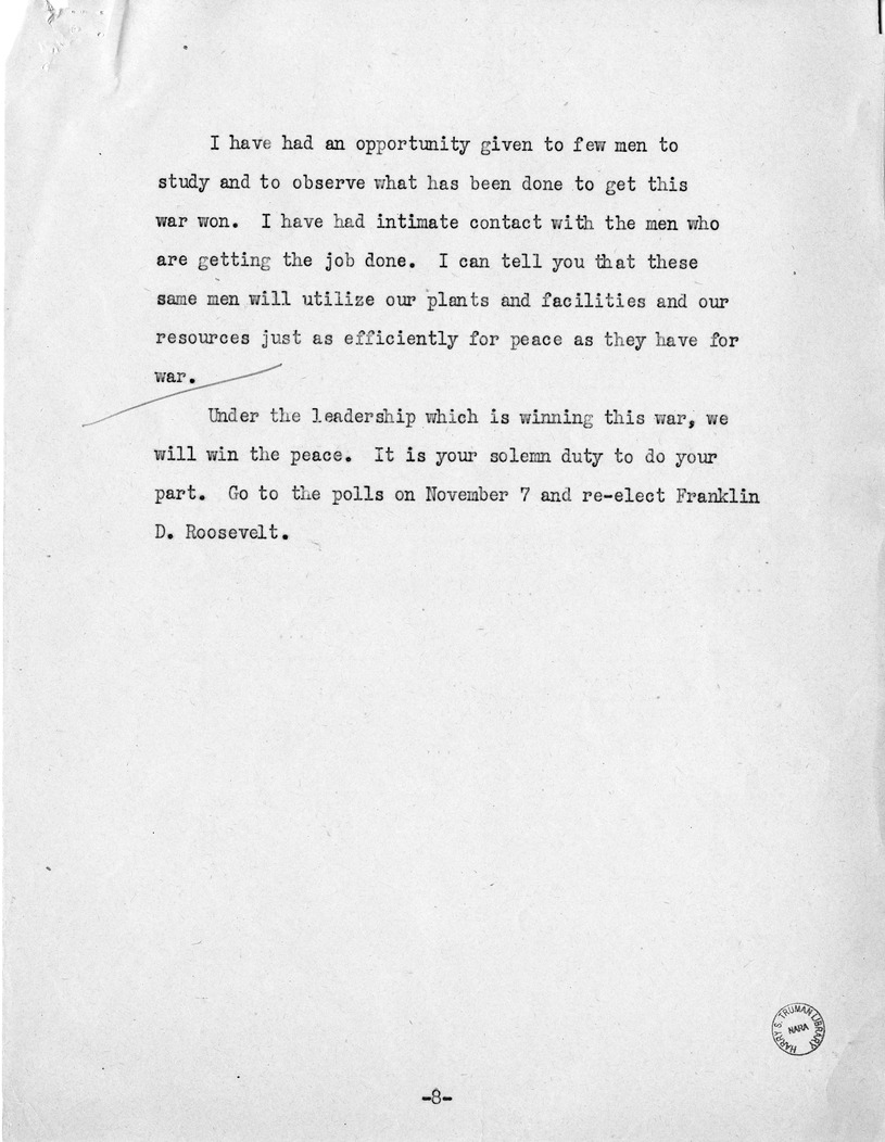 Speech of Senator Harry S. Truman, Democratic Candidate for Vice President, at Independence, Missouri