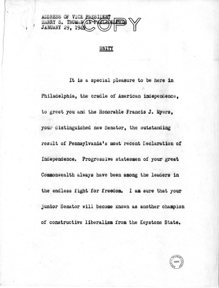 Address of Vice President Harry S. Truman in Philadelphia, Pennsylvania
