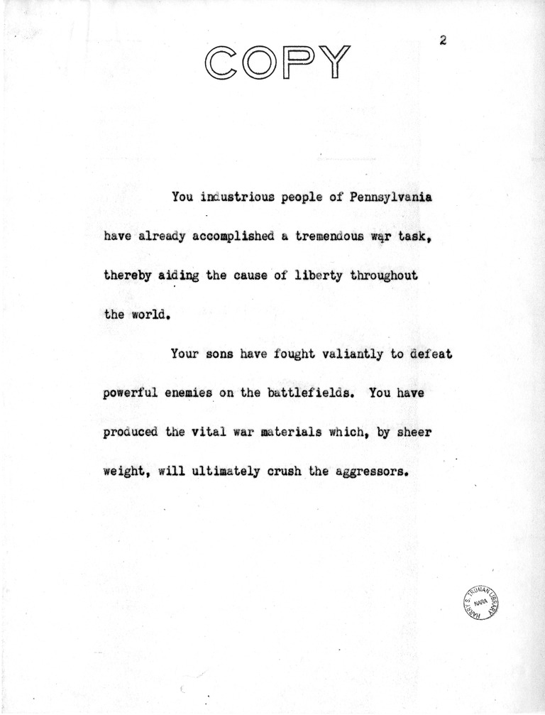 Address of Vice President Harry S. Truman in Philadelphia, Pennsylvania
