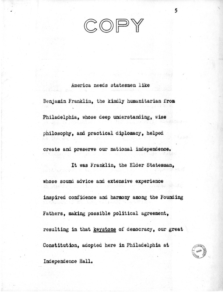 Address of Vice President Harry S. Truman in Philadelphia, Pennsylvania