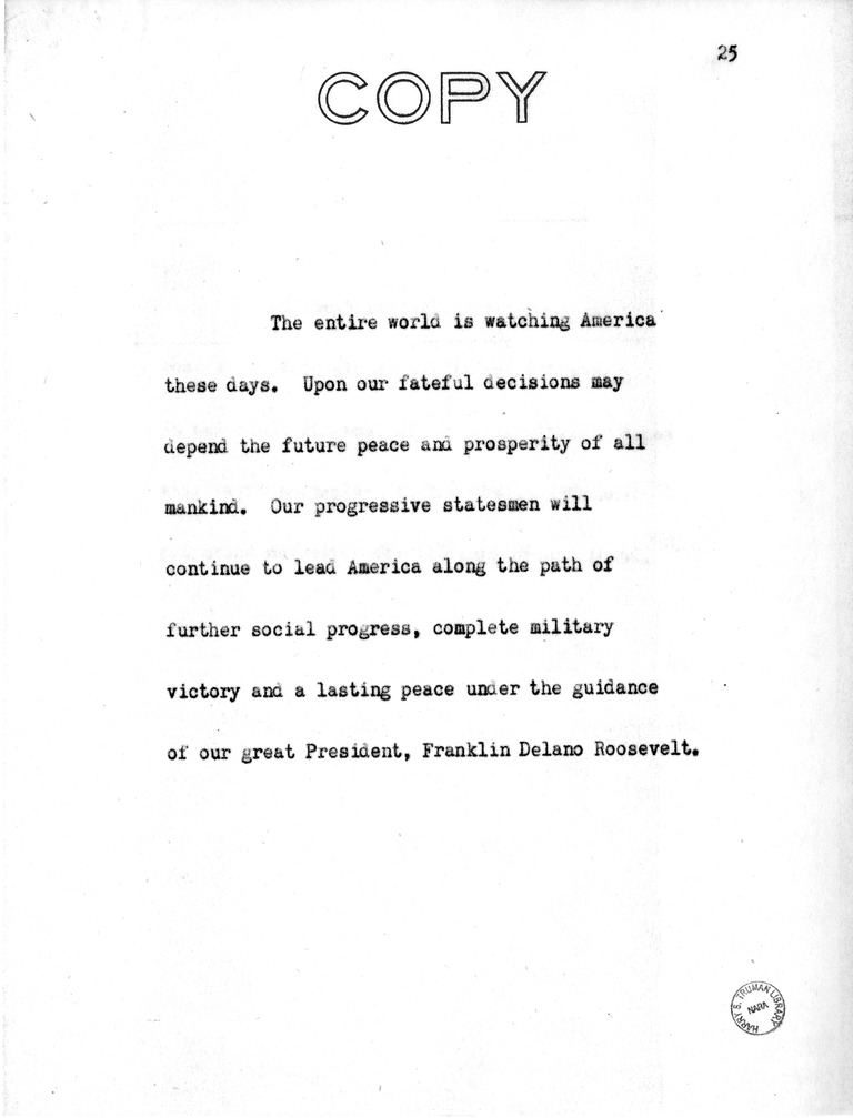 Address of Vice President Harry S. Truman in Philadelphia, Pennsylvania