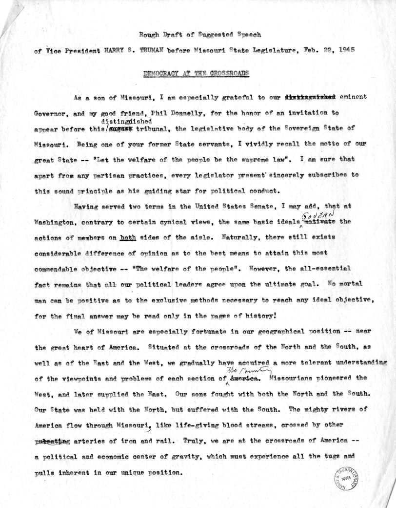 Draft of Suggested Speech of Vice President Harry S. Truman at Jefferson City, Missouri