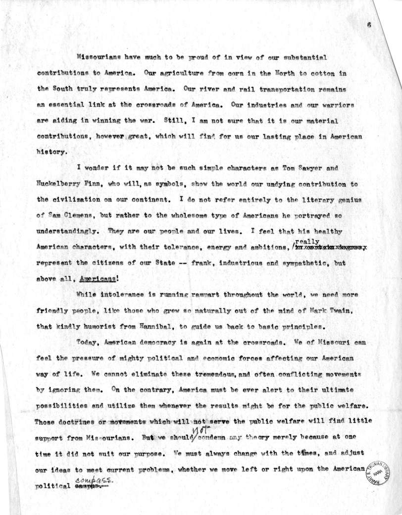 Draft of Suggested Speech of Vice President Harry S. Truman at Jefferson City, Missouri
