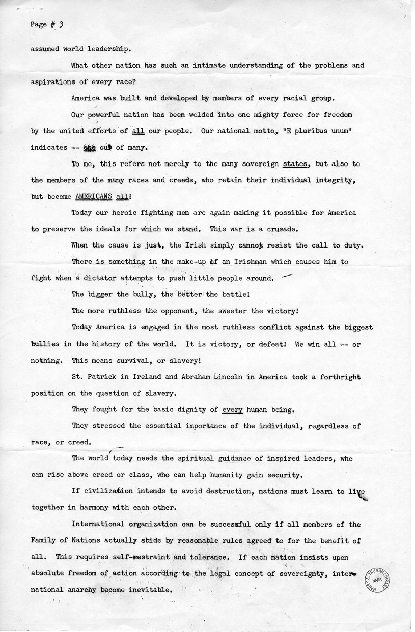 Draft of Speech of Senator Harry S. Truman Before the Irish Fellowship Club at Chicago, Illinois