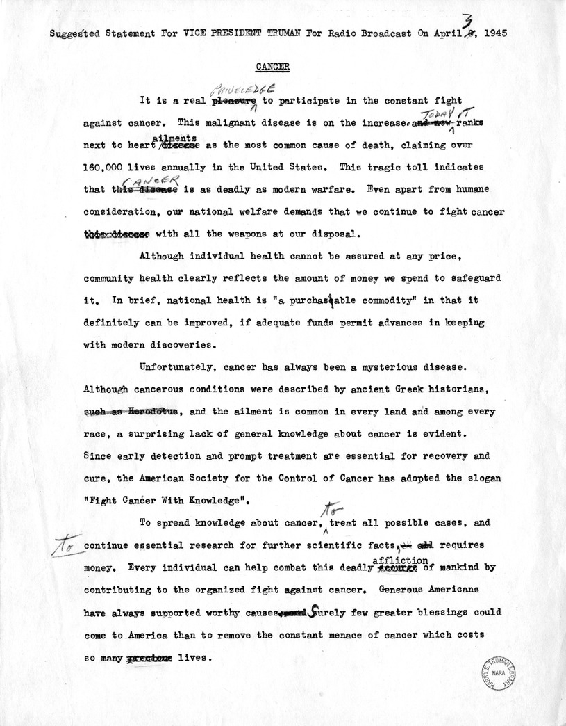 Suggested Statement on Cancer for Vice President Harry S. Truman for Radio Broadcast April 3, 1945