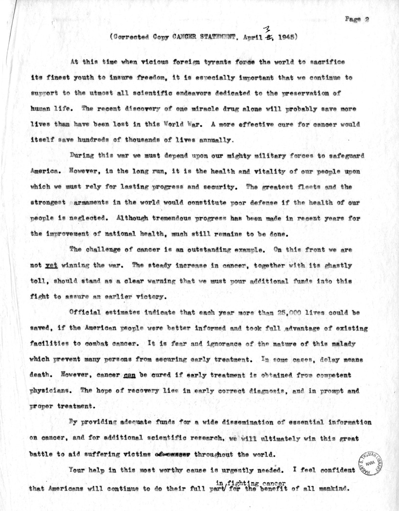 Corrected Copy of Page Two of Vice President Harry S. Truman's Cancer Statement