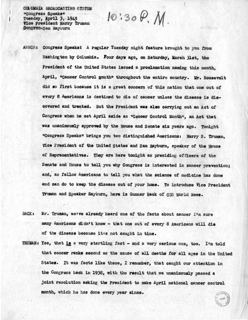 Radio Transcript of Remarks of Vice President Harry S. Truman